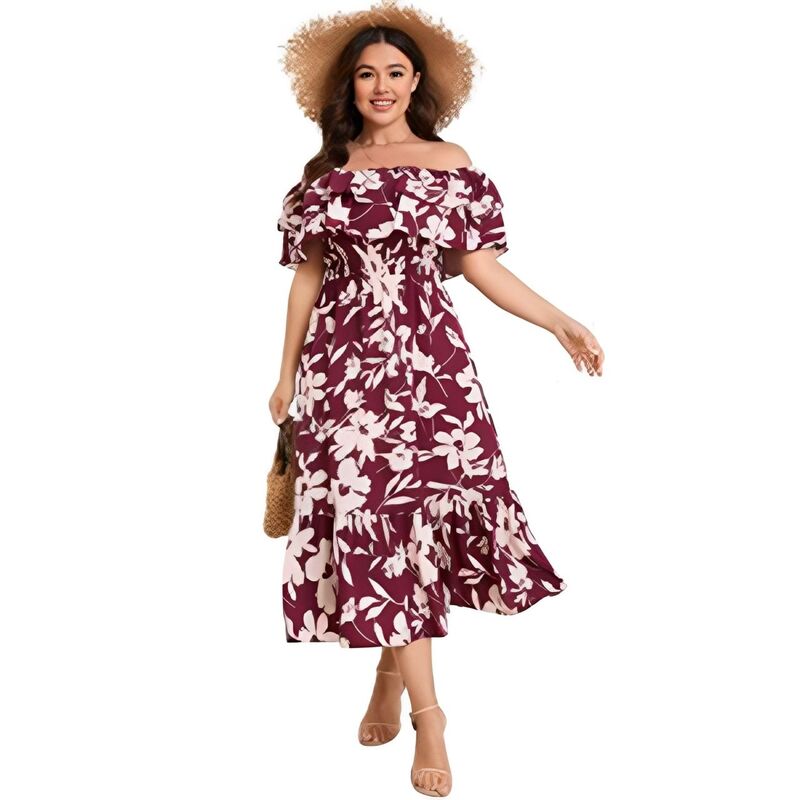 ジョイジョイ レディース トップス ワンピース フラワー柄 プラスサイズ フリル ミディ シャーリング フラワー JoyJoy Plusize Off Shoulder Midi Dress Ruffle Layer Smocked Waist Floral & Solid Casual Dress Wine Red Flowers レッド|ReVida 店