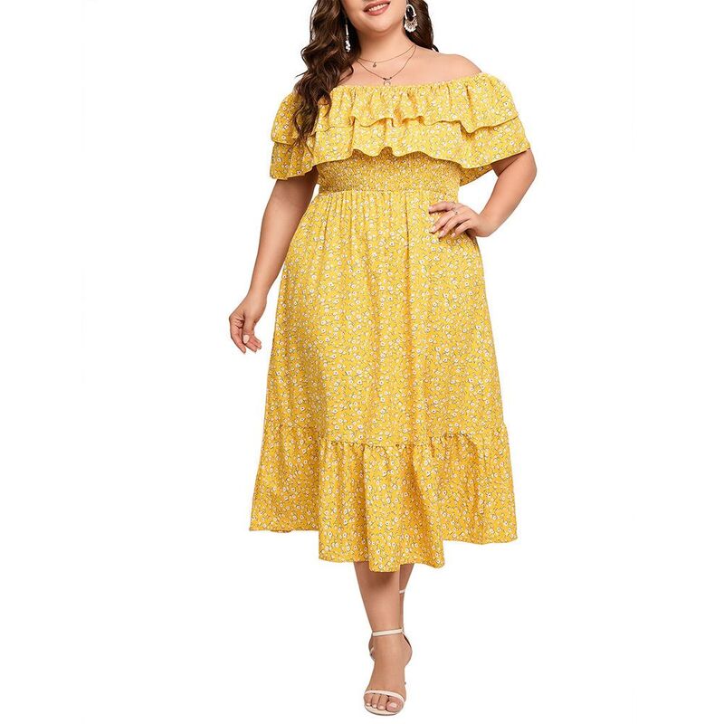 ジョイジョイ レディース トップス ワンピース フラワー柄 プラスサイズ フリル ミディ シャーリング フラワー JoyJoy Plusize Off Shoulder Midi Dress Ruffle Layer Smocked Waist Floral & Solid Casual Dress Yellow イエロー｜ReVida 店