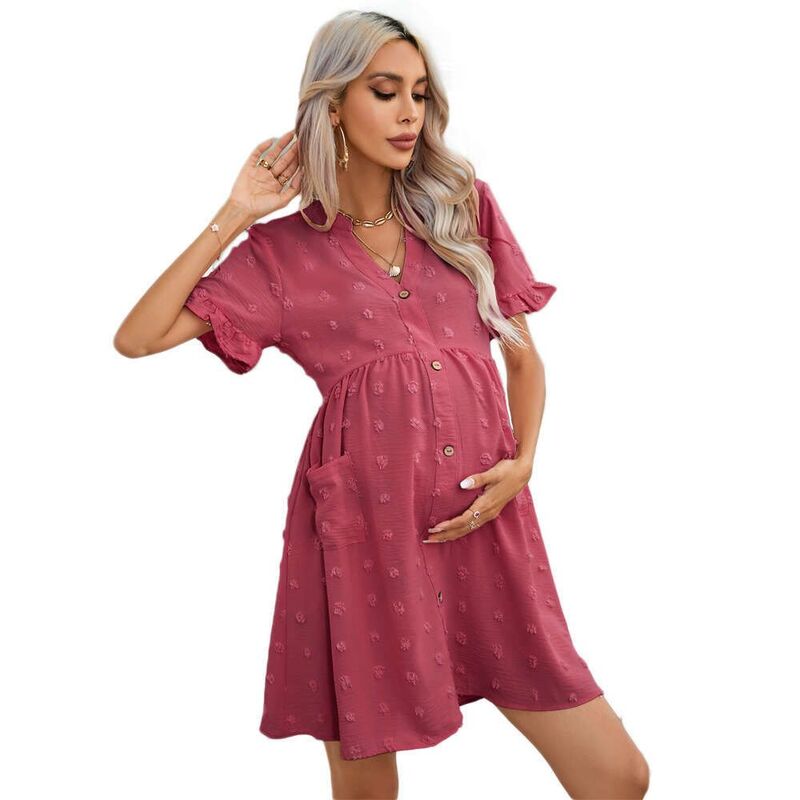 エリートスピリット レディース トップス ワンピース Vネック マタニティ EliteSpirit Womens Maternity V Neck Lantern Sleeve Jacquardot Pocket Babydoll Baby Shower Dress Brick Red レッド|ReVida 店