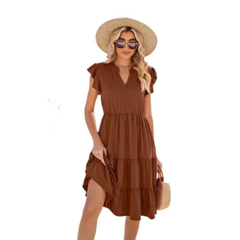 イエスファッション レディース トップス ワンピース Vネック ティアード A ライン ひざ丈 フリル Yesfashion Womens Casual V Neck Ruffle Sleeve A-Line Flowy Tiered Knee Length Sundress Caramel｜ReVida 店