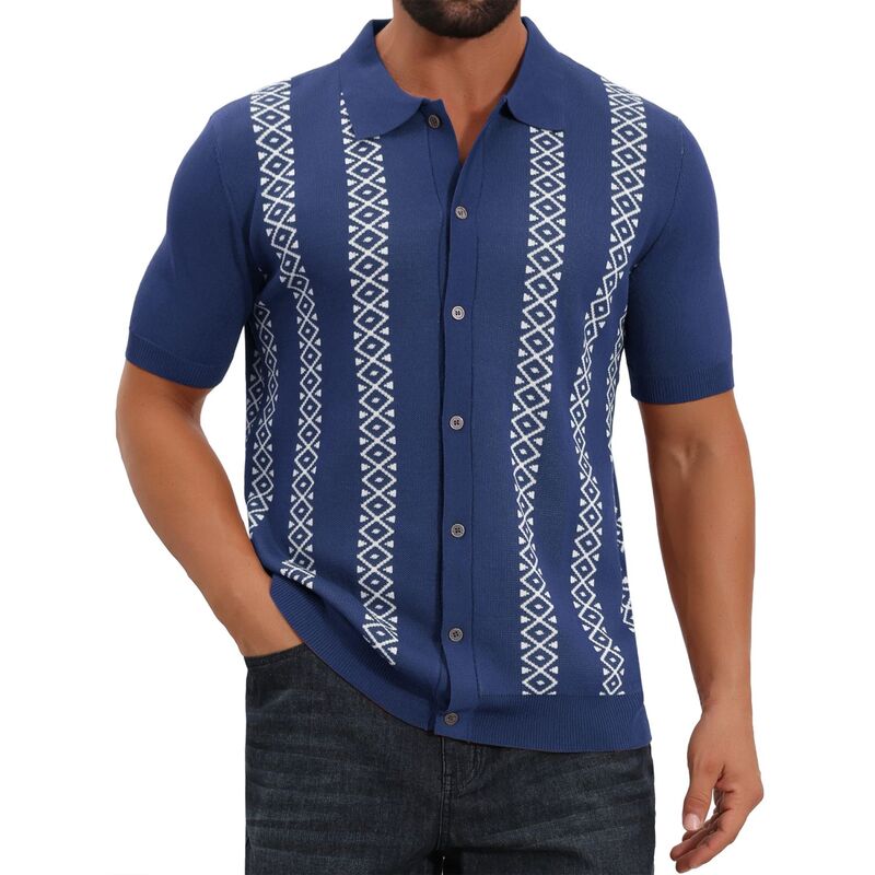 インスパイア シック レディース トップス Tシャツ ボタンダウン ポロシャツ ダウン ニット INSPIRE CHIC Men's Jacquard Polo Shirt Short Sleeve Button Down Knitted Golf Polo Shirts Navy Blue ネイビー|ReVida 店