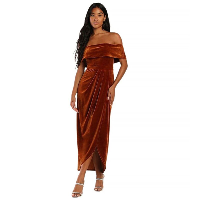 イエスファッション レディース トップス ワンピース ミディ ベルベット Yesfashion Women\'s Velvet Midi off-the-shoulder Evening Dress with Slit Hem Dress Brown ブラウン｜ReVida 店