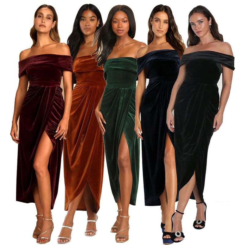 イエスファッション レディース トップス ワンピース ミディ ベルベット Yesfashion Women's Velvet Midi off-the-shoulder Evening Dress with Slit Hem Dress Claret｜ReVida 店