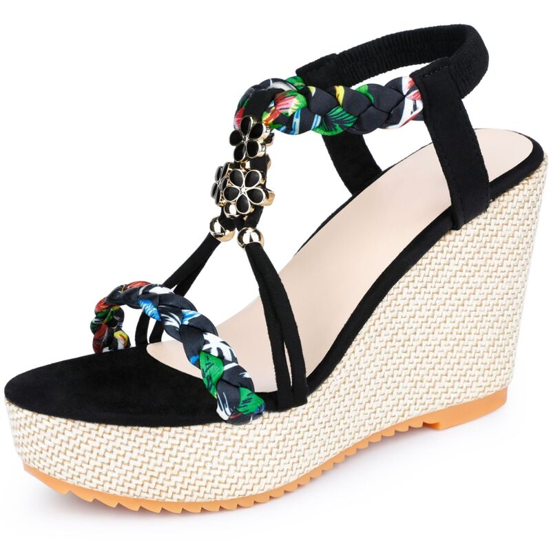 アレグラ ケー レディース シューズ サンダル プラットホーム 踵 ALLEGRA K Women\u0027s Bohemia Pull on Platform Wedge Heel Sandals Black Flower 黒いこと