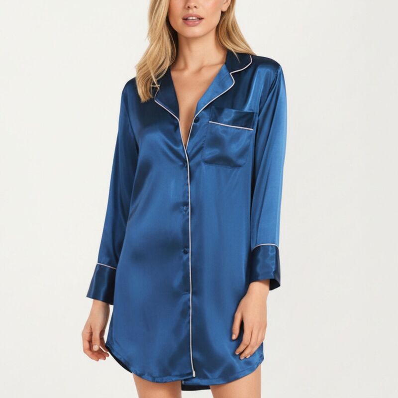 アンナカシ レディース アンダーウェア ナイトウェア シャツ サテン コントラスト Anna-Kaci Women'satin Button-Front Sleep Shirt with Contrast Piping Trim and Relaxed Long Sleeve Silhouetteal ティール｜ReVida 店