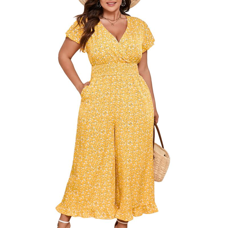 クリアフラワー レディース トップス ワンピース ワイドレッグ Vネック プラスサイズ フリル シャーリング ジャンプスーツ ClearFlower Women's Plusize Wide Leg Jumpsuit Summer Casual Wrap V-Neck Flutter Sleeves Ruffled Hem Smocked Yellow Floral イエロー｜ReVida 店