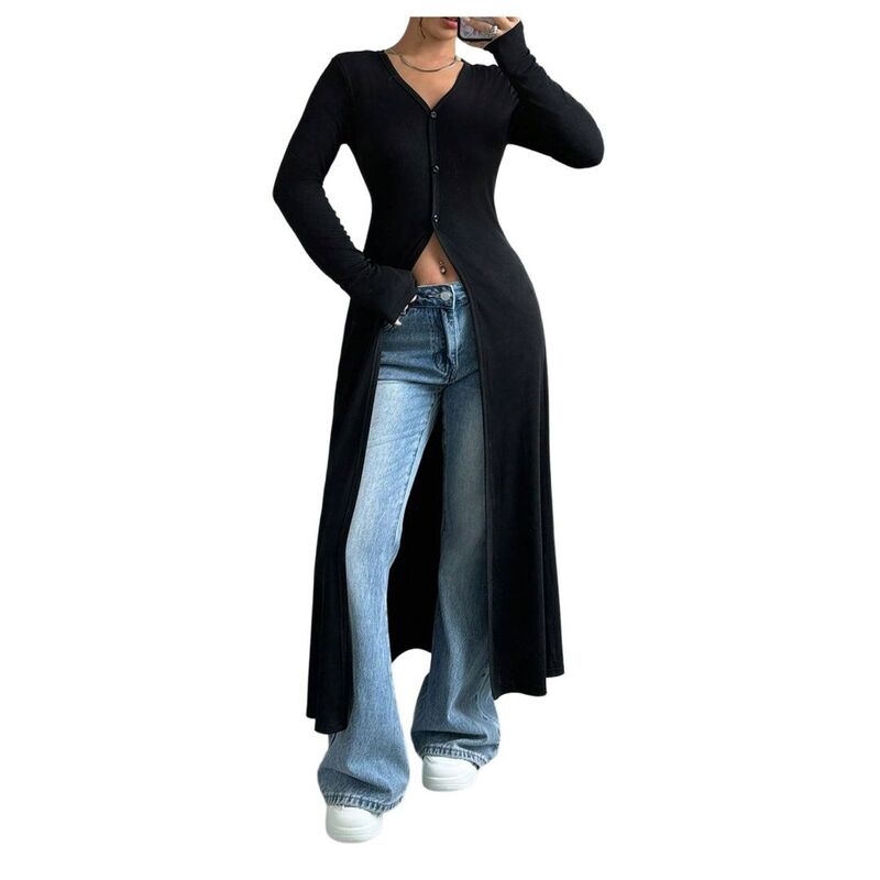 イエスファッション レディース アウター ニット・セーター Vネック リブ カーディガン Yesfashion Women's Button Long Cardigan V Neck Slit Ribbed Knit Button Sweater Casual Going Outops Black ブラック|ReVida 店