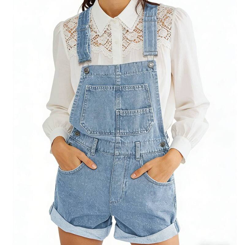 クリアフラワー レディース トップス ワンピース オーバーオール ショートパンツ デニム ClearFlower Women's Loose Bib Overallshorts Multi-Pocket Denim Overallight Blue ブルー|ReVida 店