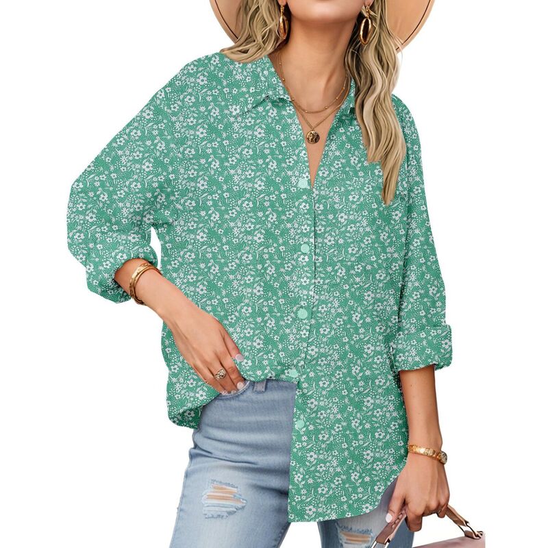 ジーグー レディース トップス シャツ Vネック コットン ダウン ブラウス Zeagoo Shirt Women V Neck Button Downs Blouses Long Sleeve Collared Cotton Tops Woman Green Floral グリーン|ReVida 店