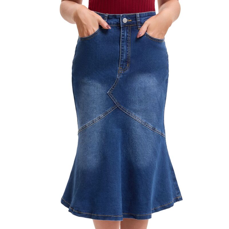 インスパイア シック レディース ボトムスカート ひざ丈 フリル デニム INSPIRE CHIC Womens Bodycon Fishtail Denim Skirt High Waisted Ruffled Knee Length Jean Skirt Deep Blue ブルー｜ReVida 店