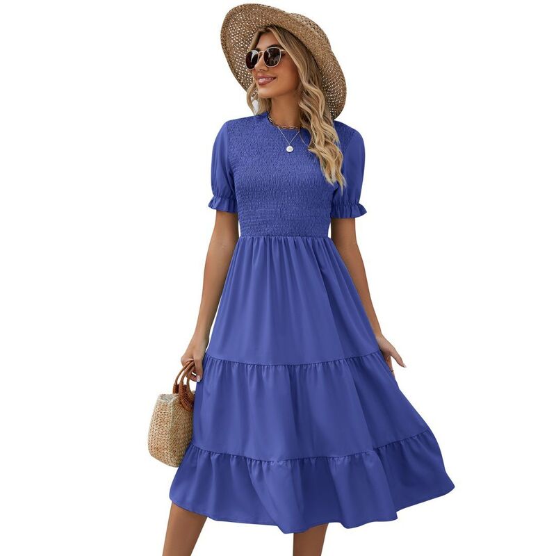 ボディサイズ レディース トップス ワンピース プリーツ フリル BODDYSIZE Women's Casual Round Neck Ruffle Dress Boho Elastic Waist Pleated Layeredress Royal Blue ブルー｜ReVida 店