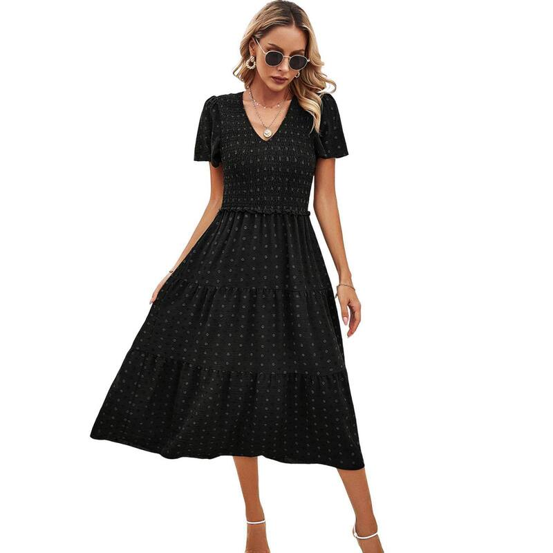 セオリア レディース トップス ワンピース ドット柄 Vネック ドット Seoria Women's Casual Olive Polka Dot V-neck Short Sleeved Long Dress Black ブラック|ReVida 店