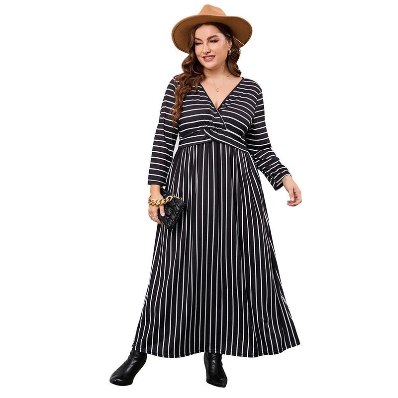 ジョイジョイ レディース トップス ワンピース Vネック プラスサイズ マキシ JoyJoy Plusize Women\'s V Neck Twist Waist Maxi Dress Long Sleeve Flowy Casual Evening Dress Black White Stripe ホワイト｜ReVida 店