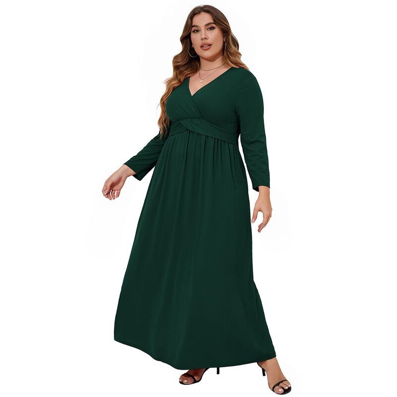 ジョイジョイ レディース トップス ワンピース Vネック プラスサイズ マキシ JoyJoy Plusize Women\'s V Neck Twist Waist Maxi Dress Long Sleeve Flowy Casual Evening Dress Dark Green グリーン｜ReVida 店