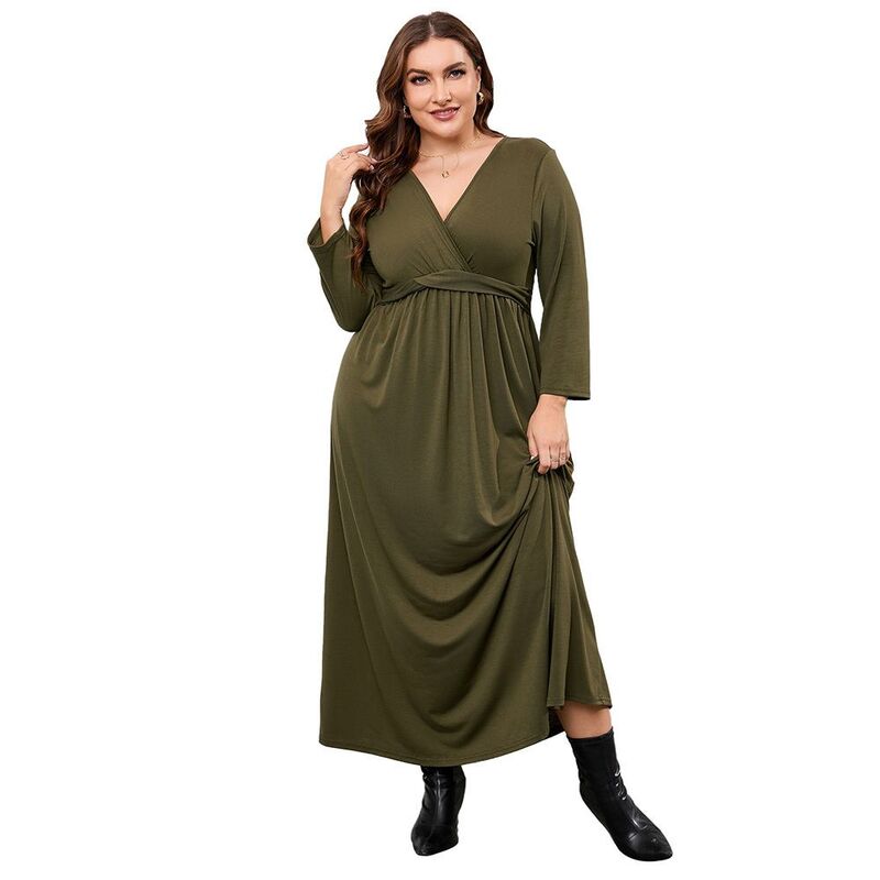 ジョイジョイ レディース トップス ワンピース Vネック プラスサイズ マキシ JoyJoy Plusize Women\'s V Neck Twist Waist Maxi Dress Long Sleeve Flowy Casual Evening Dress Olive オリーブ｜ReVida 店