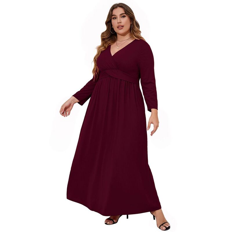 ジョイジョイ レディース トップス ワンピース Vネック プラスサイズ マキシ JoyJoy Plusize Women's V Neck Twist Waist Maxi Dress Long Sleeve Flowy Casual Evening Dress Wine Red レッド｜ReVida 店
