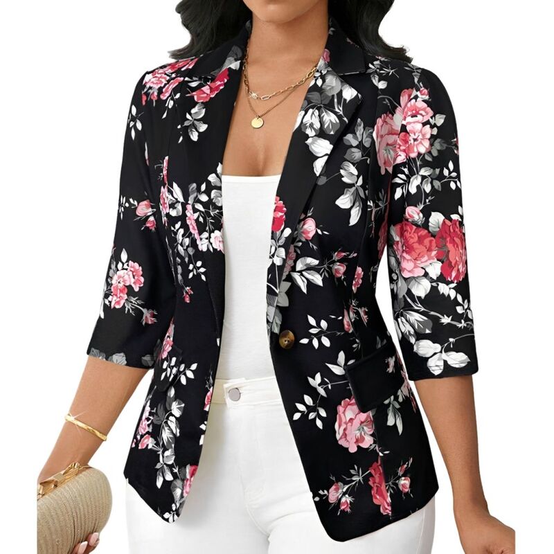 ジョイジョイ レディース アウター ジャケット・ブルゾン スリムフィット プリント ブレザー JoyJoy Women's Printed One-Button Blazer Slim Fit 3/4 Sleeve Tops Daily Commute Top with Flapockets Black ブラック｜ReVida 店
