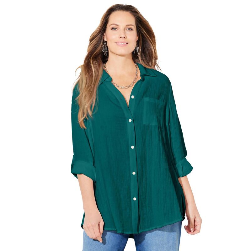 キャサリンズ レディース トップス シャツ プラスサイズ コットン Catherines Women's Plusize Anywear Pucker Cotton Buttonfront Roll Tab Shirt Royal Jade|ReVida 店