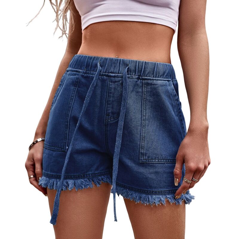コジョイン レディース ボトムス ハーフパンツ・ショーツ ショートパンツ デニム Kojooin Women'summer Jean Shorts Elastic Waist Drawstring Raw Hem Distressedenim Shorts with Pockets Dark Blue ブルー|ReVida 店