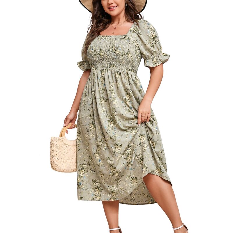 クリアフラワー レディース トップス ワンピース フラワー柄 プラスサイズ ミディ シャーリング ClearFlower Plusize Womensmocked Summer Midi Dresses Puff Sleeve Floral Milkmaidress Cute Square Neck Grass Green Floral グリーン｜ReVida 店 10,860円