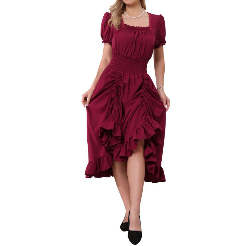 インスパイア シック レディース トップス ワンピース フリル ミディ シャーリング INSPIRE CHIC Victorian Dress for Women Renaissance Costume Smocked Waist Ruffle Midi Dress Burgundy バーガンディ|ReVida 店