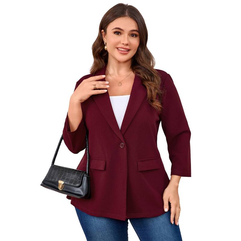 セオリア レディース アウター ジャケット・ブルゾン プラスサイズ ブレザー Seoria Blazers for Plusize Women One Button Long Sleeve Business Jacket Burgundy バーガンディ｜ReVida 店