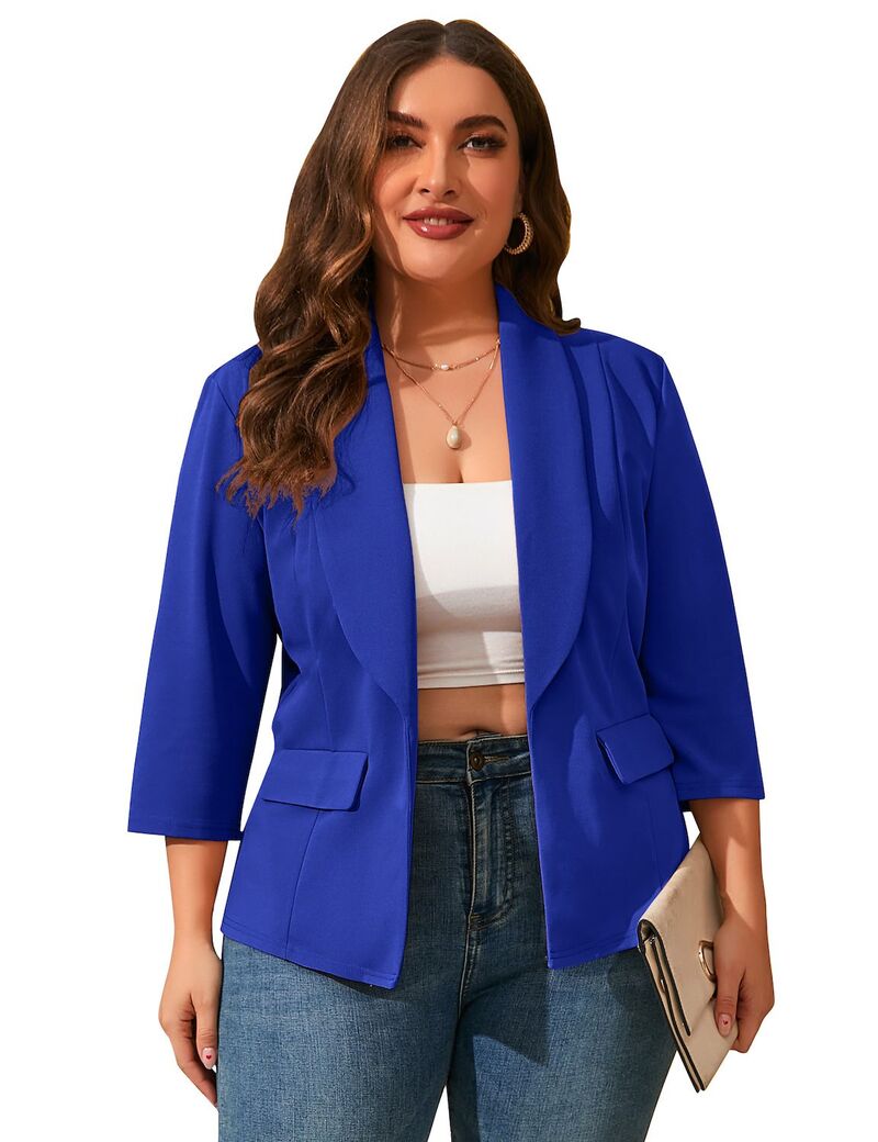 マキシスマーチ レディース アウター ジャケット・ブルゾン プラスサイズ カーディガン ブレザー Maxxis Merch Women's Plusize Blazer Open Front 3/4 Sleeve Cardigan Work Suit Casual Office Jacket Royal Blue ブルー｜ReVida 店