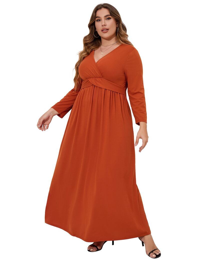 ファンジュライ レディース トップス ワンピース Vネック ティアード プラスサイズ マキシ FUNJULY Women's Plusize Maxi Dresses Wrap V Neck with Beltiered Flowy Long Dresses Caramel｜ReVida 店