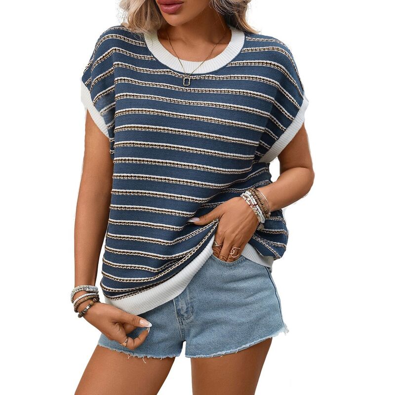 クリアフラワー レディース アウター ニット・セーター リラックスフィット クルーネック コントラスト ClearFlower Women's Crew Neck Dolman Short Sleeve Striped Contrastrim Relaxed Fit Knitop Navy Blue ネイビー|ReVida 店