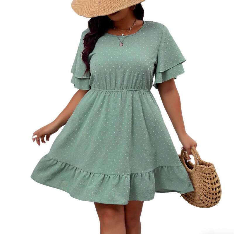 エリートスピリット レディース トップス ワンピース フリル裾 プラスサイズ フリル ミディ EliteSpirit Women's Plusize Round Neck Double Layer Short Sleeve Swiss Dot Elastic Waist Ruffle Hemidi Dress Light Green グリーン|ReVida 店