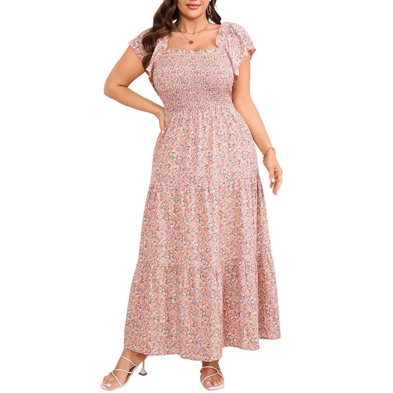 クリアフラワー レディース トップス ワンピース フラワー柄 プラスサイズ シャーリング マキシ ClearFlower Women's Plusize Floral Maxi Dressquare Neck Smocked Short Flutter Sleeve Summer Beach Dress Pink ピンク|ReVida 店