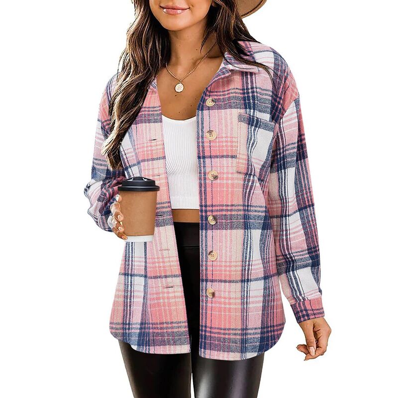 ジーグー レディース アウター ジャケット・ブルゾン ボタンダウン シャツ ダウン ブラウス Zeagoo Women Flannel Shacket Jacket Plaid Button Down Long Sleeve Shirt Blouse Fall Outfits Pink Plaid ピンク｜ReVida 店