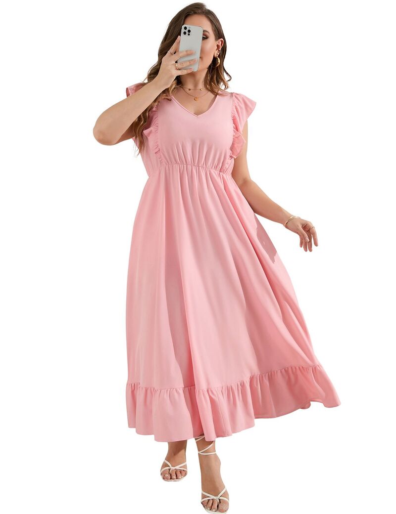 エリートチョイス レディース トップス ワンピース Vネック プラスサイズ フリル マキシ Elitechoice Women's Ruffle Sleeve V-Neck Maxi Dress Plusize Casual Pocket Summer Dress Pink ピンク｜ReVida 店