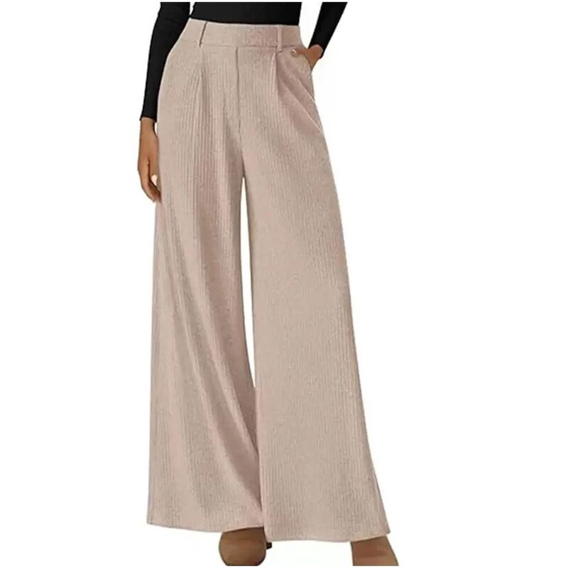 コジョイン レディース ボトムス カジュアルパンツ ワイドレッグ ハイウエスト リブ Kojooin Women's Elastic High Waist Wide Leg Pants Ribbed Business Casual Palazzo Trousers Khaki カーキ|ReVida 店