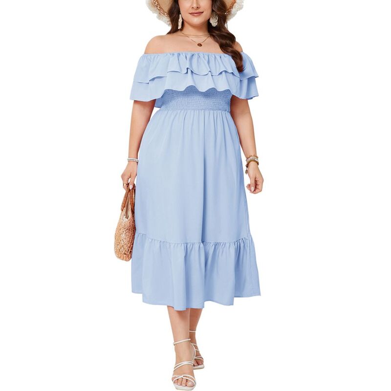 クリアフラワー レディース トップス ワンピース フリル裾 A ライン プラスサイズ フリル マキシ ClearFlower Plusize Off Shoulder Maxi Summer Dress Double Ruffle Hem A Line Casual Flowy Elagant Dress Light Blue ブルー|ReVida 店