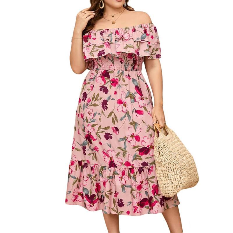 クリアフラワー レディース トップス ワンピース フリル裾 A ライン プラスサイズ フリル マキシ ClearFlower Plusize Off Shoulder Maxi Summer Dress Double Ruffle Hem A Line Casual Flowy Elagant Dress Pink Floral ピンク|ReVida 店