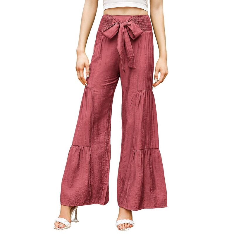 クリアフラワー レディース ボトムス カジュアルパンツ フリル裾 ワイドレッグ フリル シャーリング ClearFlower Women's High Waisted Smocked Ruffle Hem Wide Leg Palazzo Vacation Beach Pants Red Brown レッド|ReVida 店