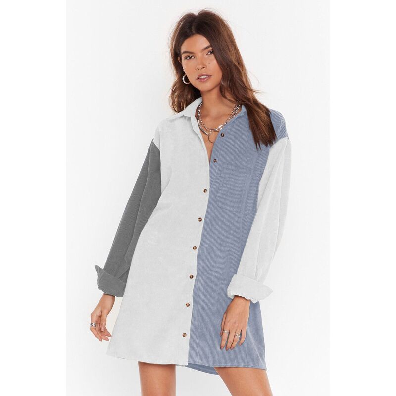 セオリア レディース トップス ワンピース ボタンダウン シャツ ダウン Seoria Women Color Block Button Down Long Sleeve Shirt Dress Light Blue ブルー｜ReVida 店