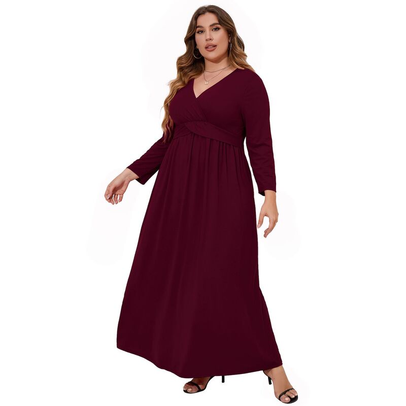 セオリア レディース トップス ワンピース プラスサイズ マキシ Seoria Plusize Women Casualong Sleeve Maxi Dress Burgundy バーガンディ｜ReVida 店