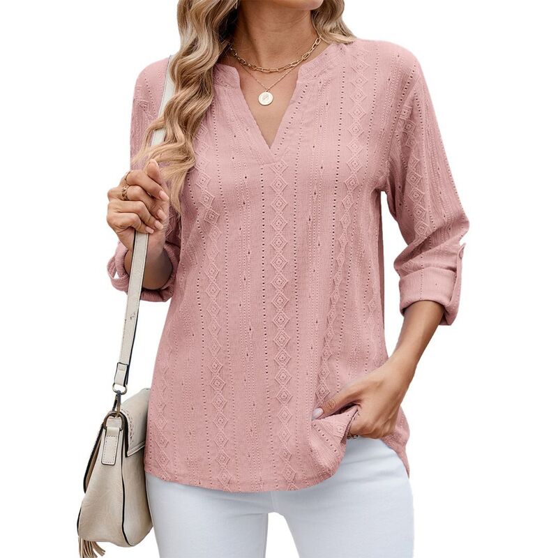 ボディサイズ レディース トップス シャツ Vネック BODDYSIZE Women's Casual Hollow outhree-Quarter Sleeve Shirt Solid Color Jacquard V-neck Business T-Shirt Dark Pink ピンク｜ReVida 店