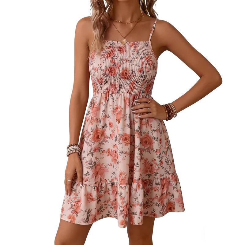 クリアフラワー レディース トップス ワンピース フリル裾 フラワー柄 フリル ミニ シャーリング ClearFlower Women'spaghetti Strap Floral Dressquare Neck Smocked Ruffle Hemini Dress for Summer Pink Floral ピンク｜ReVida 店