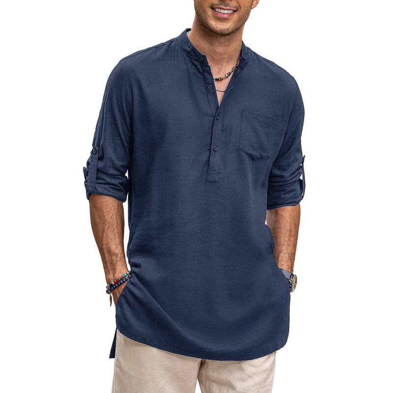 クーファンディ レディース トップス プルオーバー 綿織物 リネン COOFANDY Mens Cotton Linen Shirts Long Sleeve Collarless Henley Shirts Casual Kurta with Pocket Navy Blue 米国海軍