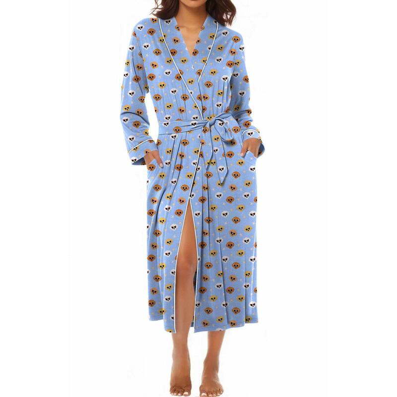 エコアー レディース アンダーウェア ナイトウェア ニット Ekouaer Kimono Robes for Women Long Lightweight Knit Bathrobe Shawl Soft Sleepwear Casualadies Blue Print ブルー｜ReVida 店