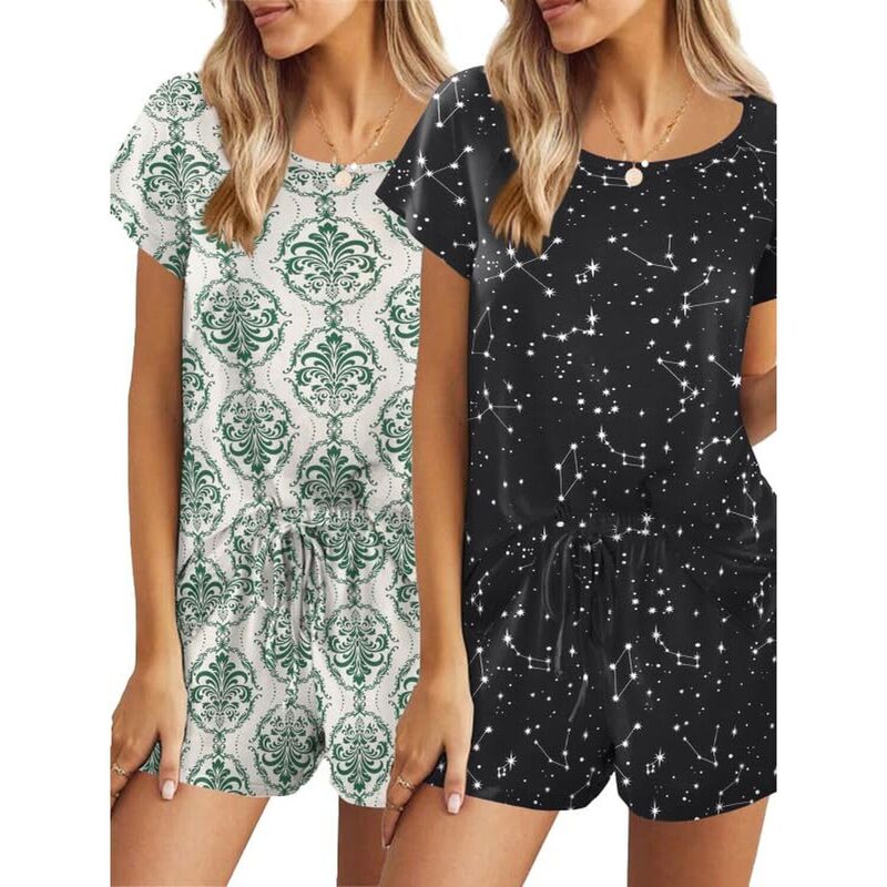 エコアー レディース アンダーお召しもの ナイト爵お召しもの Ekouaer 2 Pack Women\u0027s Pajama Set Short Sleeve with Pocket Green Print Black Star 黒いこと