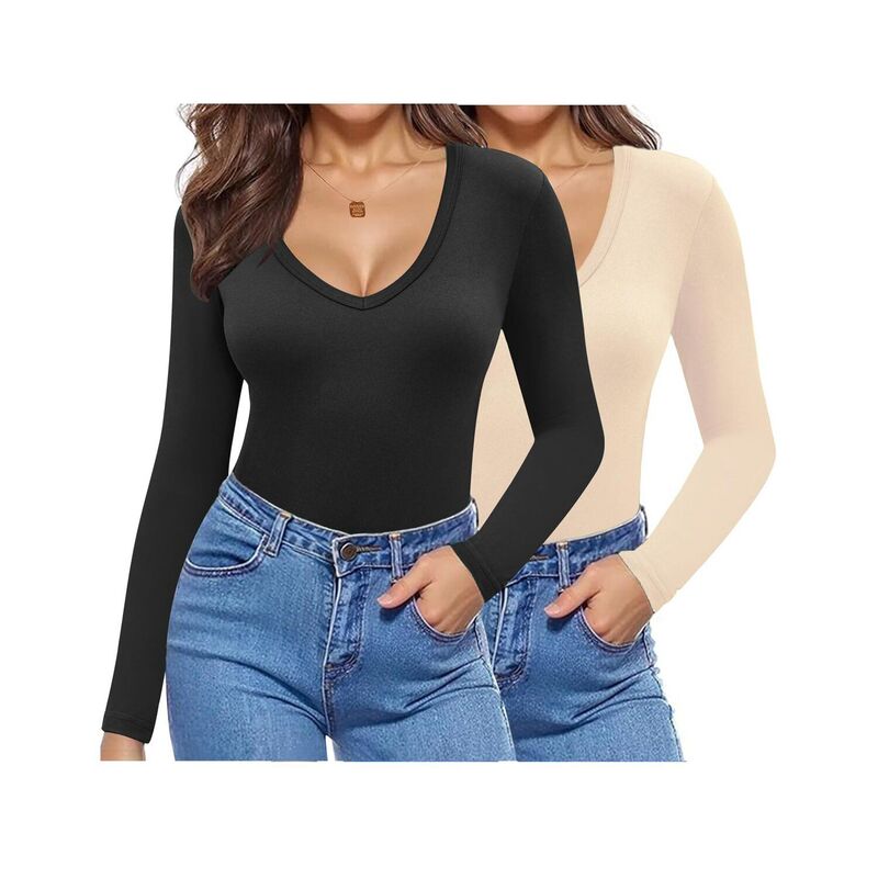 ジーグー レディース トップス プルオーバー Vのど首 Zeagoo Women\u0027s V Neck Long Sleeve Slim Fitted Tops Basic Fall Winter Tee 2 Pack Black Beige 黒いこと