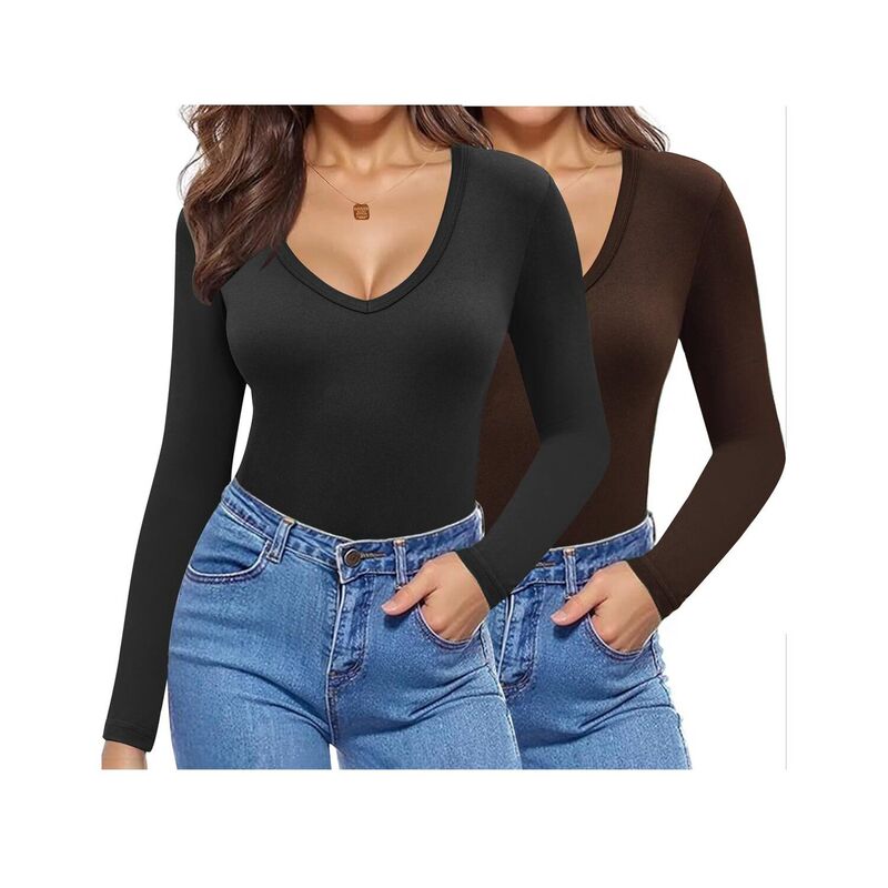 ジーグー レディース トップス プルオーバー Vのど首 Zeagoo Women\u0027s V Neck Long Sleeve Slim Fitted Tops Basic Fall Winter Tee 2 Pack Black Coffee 黒いこと