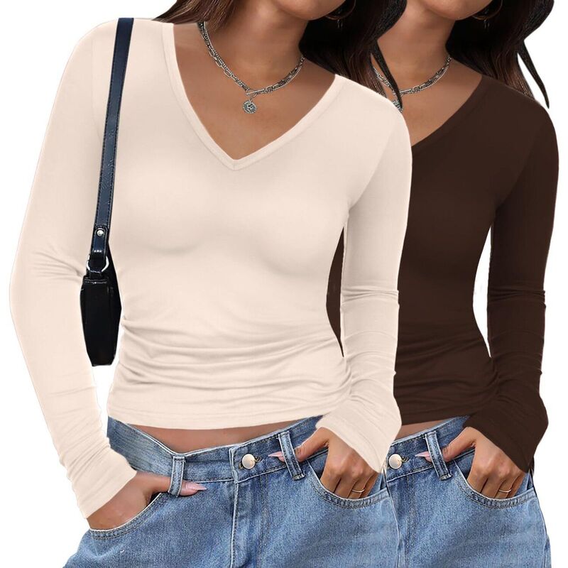ジーグー レディース トップス プルオーバー Vのど首 Zeagoo Women\u0027s V Neck Long Sleeve Slim Fitted Tops Basic Fall Winter Tee 2 Pack Coffee Apricot 杏