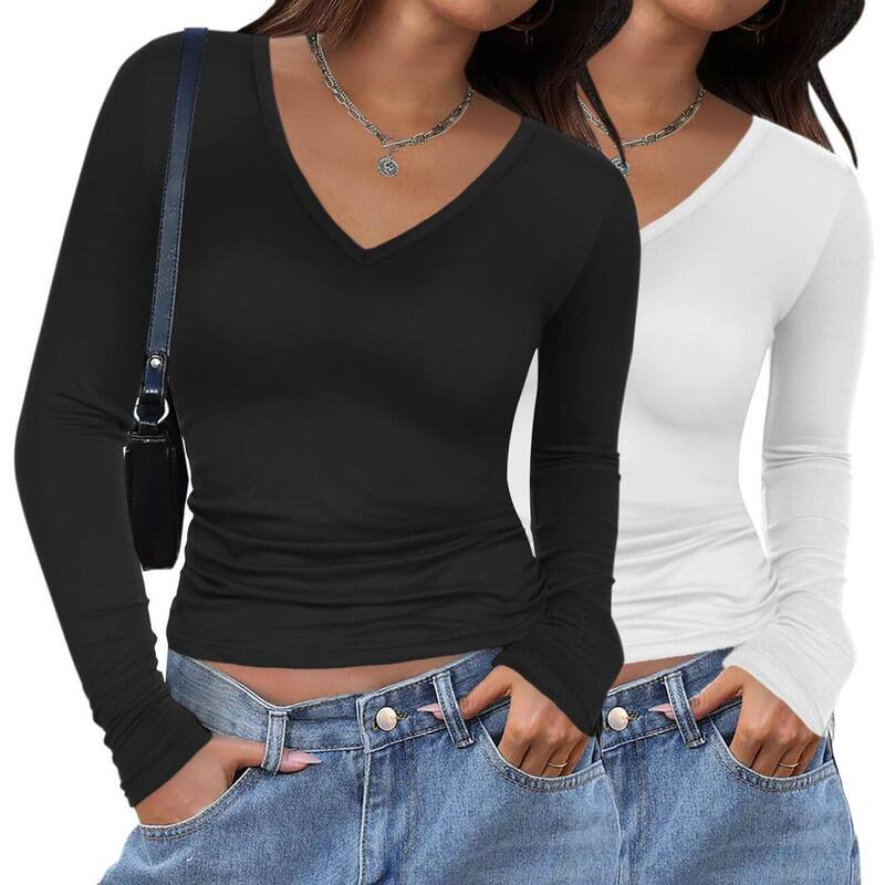 ジーグー レディース トップス プルオーバー Vのど首 Zeagoo Women\u0027s V Neck Long Sleeve Slim Fitted Tops Basic Fall Winter Tee 2 Pack White Black 白いこと
