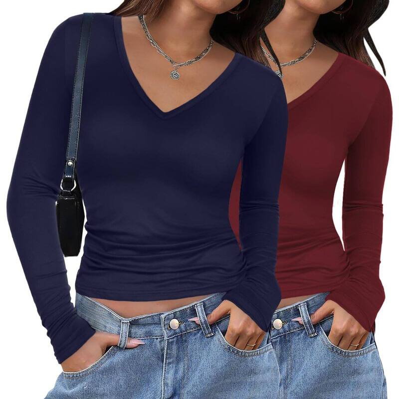 ジーグー レディース トップス プルオーバー Vのど首 Zeagoo Women\u0027s V Neck Long Sleeve Slim Fitted Tops Basic Fall Winter Tee 2 Pack Wine Red Navy Blue 米国海軍