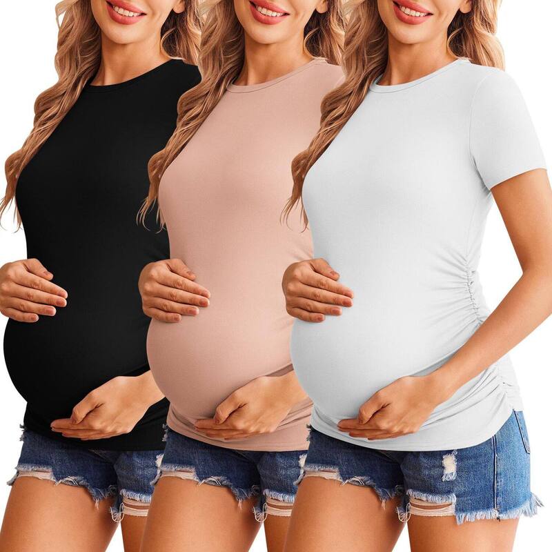 エコアー レディース トップス Tシャツ クルーネック ブラウス マタニティ Ekouaer Maternity Tops for Women Short Sleeve Pregnancy Tee Shirts Crew Neck Mama Blouses Dirty Black White Pink ホワイト｜ReVida 店